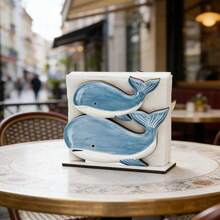 1个海洋主题立式木质餐巾架 - 饰有海龟、鲸鱼和鱼类等海洋动物图案。适用于厨房、餐桌和吧台，非常适合海滨别墅装饰和复古航海风格家居点缀。 - 彩色 - 查看 4