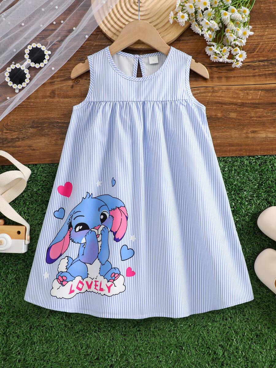 Đầm không tay kẻ sọc cho bé gái, họa tiết hoạt hình Stitch dễ thương, trang phục thường ngày mùa hè, đi biển, cuối tuần và dự tiệc cho bé gái. - Xanh và trắng - Xem 1