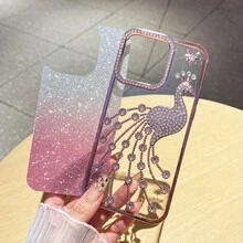 亮片、钻石闪粉电镀复古简约个性化3D钻石孔雀手机壳，兼容 14、 14 Pro、 14 Plus、 14 Pro Max、 15、 15 Pro、 15 Pro Max、 16、 16 Pro、 16 Plus、 16 Pro Max - 粉色 - 查看 3