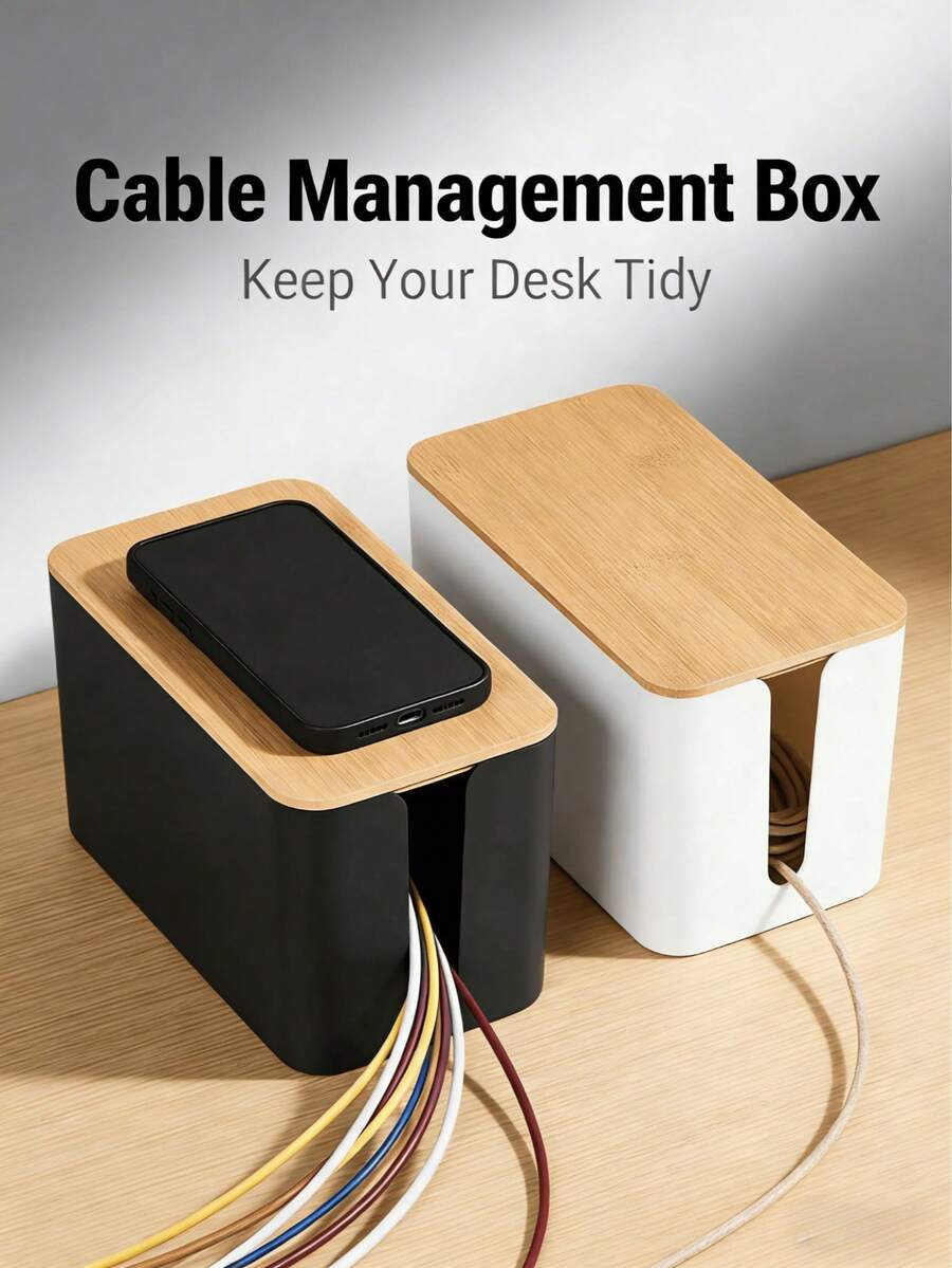 1pc Plastic Cable Organizer Box With Wooden Lid, Cable Management Box For Hiding Wires, Power Cord Storage Box, High Quality, Easy To Use, Durable And Sturdy, Home Kitchen Utensils, Home Decor, Gift For Men, Suitable For Bedroom, Bathroom, Office, Kitchen, Living Room, Office, Engineering Office - Multicolor - View 1