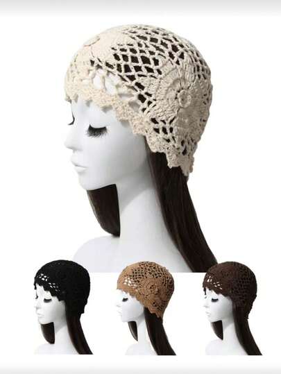 1pc Women's Spring/Summer Handmade Crochet Mesh Hollow Floral Headband Cap, Retro Elegant Breathable Lightweight Knit Hat