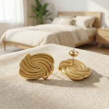 Vintage Stainless Steel Swirl Textured Earrings, A Fashionable And Unique Jewelry Choice For Women - Yellow Gold - View 3