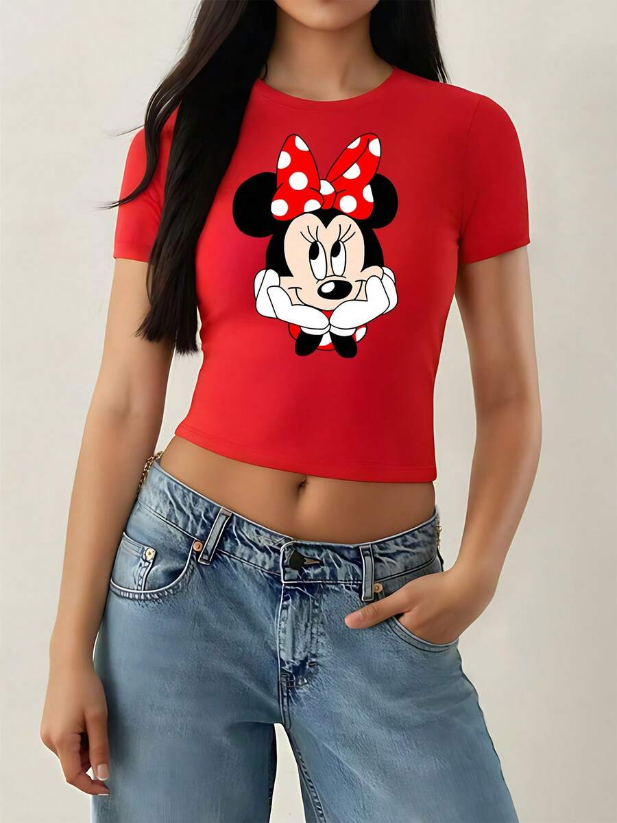 Disney Women's Vacation Wear, A Must-Have Item For Those Who Love The Sweet Style - A Plush Mouse Patterned Top In Pastel Pink, Featuring Polka Dot Bows And Cute Pose Designs For A Casual Summer Outfit - 紅色 - 查看 1