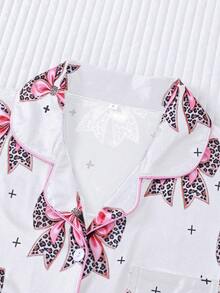 2pcs/Set Women's Pajama Set, Leopard Print Bow Tie, Women's Loungewear, Spring/Summer Holiday Outfit, Short Sleeve Lapel Top And Shorts, Can Be Worn Outdoors - Multicolor - View 3