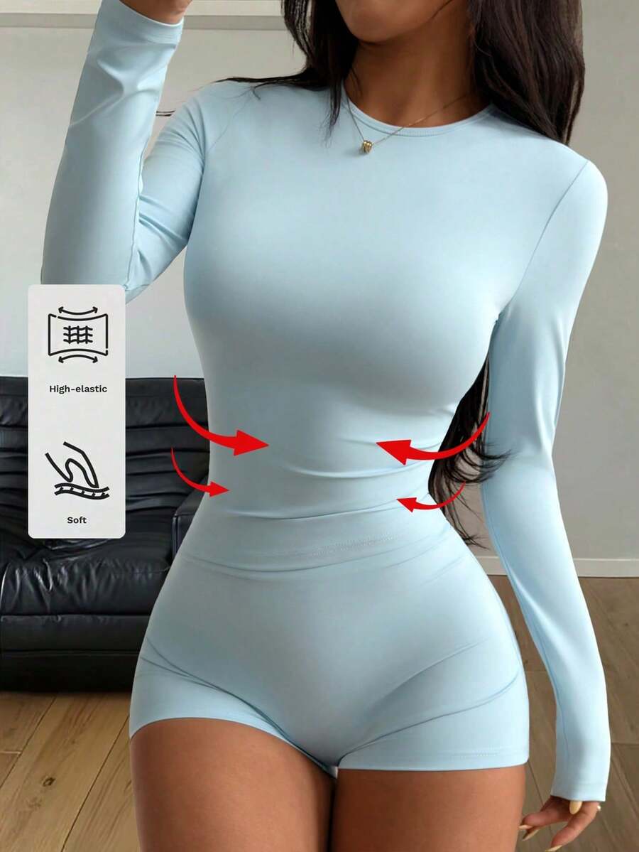 2pcs Women's Sexy Light Blue Long Sleeve Round Neck Top And Shorts Set, Made Of Medium Stretch Fabric Spring - Mint Blue - View 1