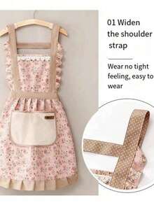 1pc Polka Dot & Floral Patchwork Princess Apron, Oil-Resistant Polyester Material With Adjustable Strap And Large Pocket, Suitable For Home Kitchen, Baking, Cafe, Bubble Tea Shop And Catering - Multicolor - View 4