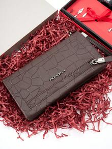 HOVI'S Men's Premium PU Organizer Wallet - Detachable Wrist Strap & Tortoiseshell Texture With Silver Zipper - Brown - View 1