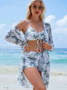 Three-Piece Floral Print Bikini Set, Boxer-Style Bottom With V-Neck And Long-Sleeved Cover-Up. - Green - View 1