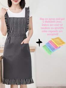 New Version Floral Trim Apron, Fashionable Striped Bib With Adjustable Shoulder Straps, Minimalist Ruffled Waist Apron For Women, Suitable For Flower Shop, Restaurant, Kitchen, Cafe, Art Studio, All Seasons - A - View 12