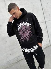 Men's Sweatshirt And Pants Set,Y2k Hoodies , Hip Hop Spider Web Pattern Graphic Alphabet Print Harajuku Vintage Hoodie Long Sleeve Street Wear Top For Both Men And Women Oversized Hoodies - 黑色 - 查看 4