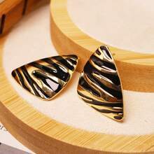JOJELOO Black & Gold Zebra Stripe Retro Earrings, Fashionable Versatile Metal Drop Oil Earrings, Silver Needle High-End Triangle Earrings - Multicolor - View 4