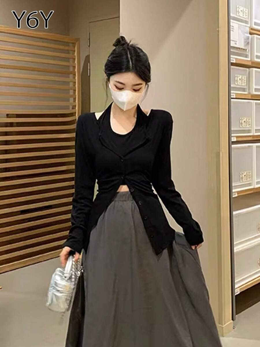 [Y6Y] 女士春季休闲两件套 - 黑色纽扣针织开衫 + 露背U领吊带背心，适合搭配飘逸的中长裙 - 黑色 - 查看 1