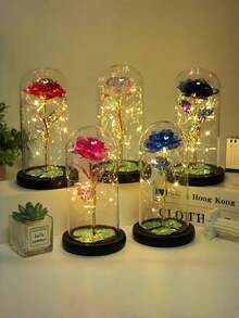 1pc Glass Dome Illuminated Rose Flower, Artificial Rose Flower, Multicolor Plastic Simulation Flower, Suitable For Women's Gift, Mother's Birthday Gift, Thanksgiving, Valentine's Day - Multicolor - View 4