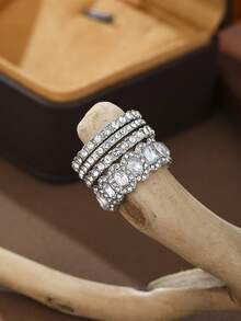 Eterna Glow 4pcs Luxury Elegant Women's White Crystal Stone Rings, Full Diamond Cubic Zirconia Wedding Rings, Geometric Square Cubic Zirconia Engagement Rings - Set - View 6