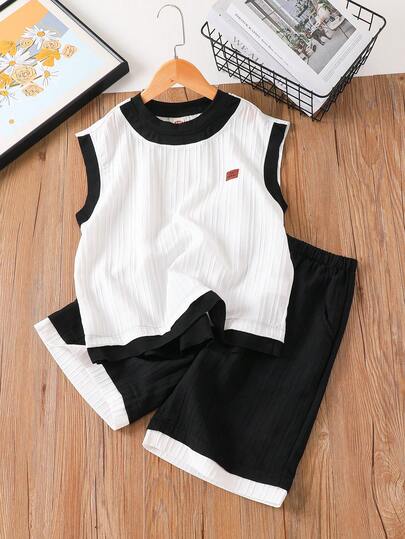 Boys' Summer Sleeveless Vest & Shorts Set, Big Kids Comfortable Fabric, Simple Chic Design With Leather Label Decor, Contrast Color Collar & Hem, 2pcs