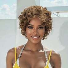 8 Inch Synthetic Brown Curly Short Wig - Rose Hairstyle Design Women's Wig Made Of High-Temperature Fiber And Inner Mesh Net - Brown - View 3