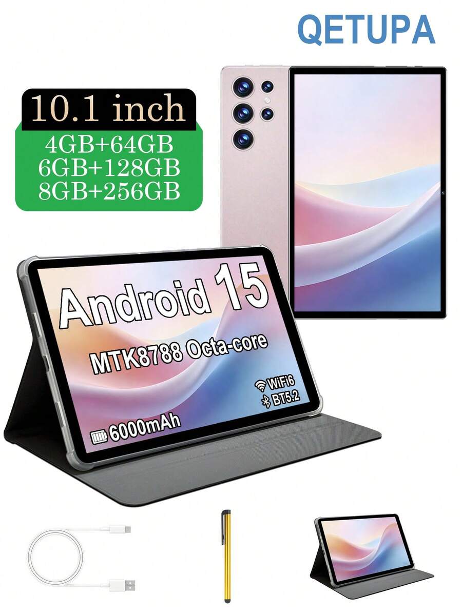Qetupa 10.1英寸安卓15平板电脑，配备保护套和手写笔，4GB/6GB/8GB RAM + 64GB/128GB/256GB ROM（可扩展至1TB），MTK8788八核2.0GHz处理器，1280x800高清IPS触控屏，500万像素前置摄像头和800万像素后置摄像头，6000mAh电池，支持WiFi 6、蓝牙5.2、GPS，Type-C接口充电，无SIM卡槽，超薄便携，适用于商务、学习、移动办公和娱乐，适合儿童和成人使用，是圣诞节、情人节、生日和其他节日的完美礼物。