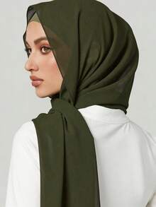 2件套女士围巾头巾帽子套装，多功能基础帽套装，中东斋月配套长袍，弹性基础帽雪纺围巾帽子组合休闲套装 - 軍綠色 - 查看 3