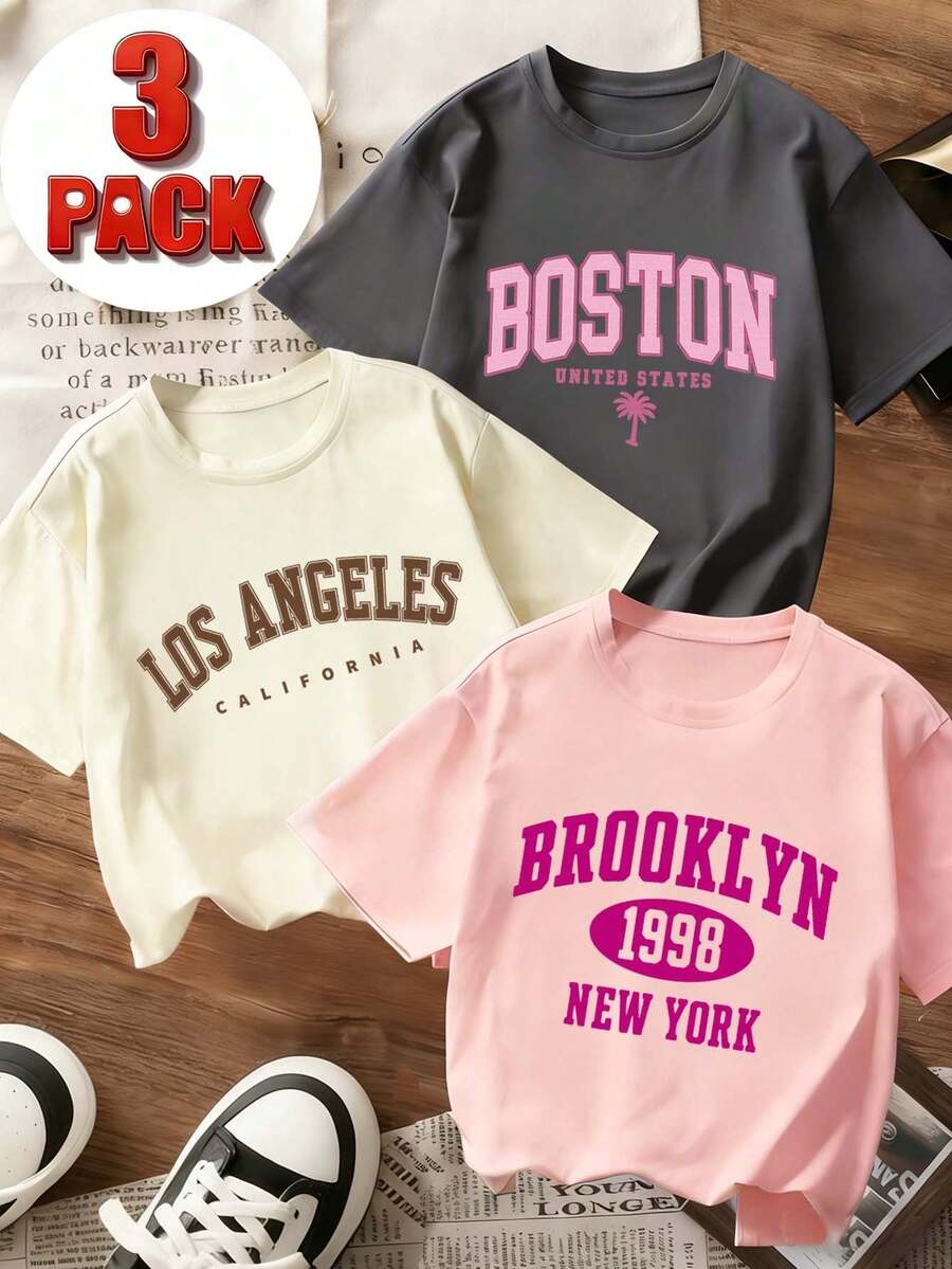 3 piezas Camisetas de manga corta con cuello redondo y estampado gráfico casual para niñas preadolescentes, blusas de verano - Albaricoque - Ver 1