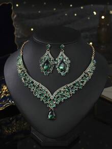 3pcs Green Necklace & Earrings Jewelry Set, Elegant Bridal Wedding & Party Accessories - Green - View 10
