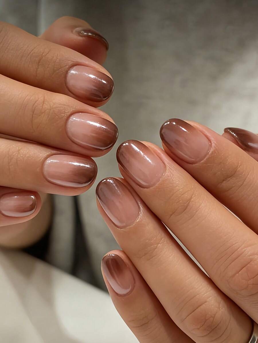 24pcs Short Square Elegant Fashion Red-Brown Tie Dye Glossy Acrylic Nails, Versatile For Dates, Parties, Spring/Summer, Autumn/Winter Daily Wear, Removable Press-On Nails Set With Jelly Gel And File Included, Random Jelly Gel Color - Rust Brown - View 1