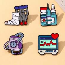 4pcs Men's New Medical Series Metal Badge, Cane, ECG Monitor, Syringe, Blood Pressure Gauge Cartoon Brooch, Daily Wear - Multicolor - View 8