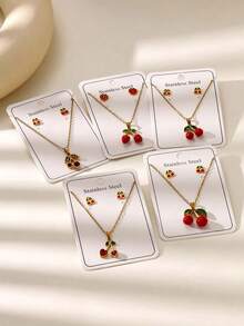 Set de 3 piezas de joyería de cereza dulce para mujer - Pendientes y collar románticos y lindos de moda, accesorios elegantes como regalo - Conjunto de collar y pendientes de cereza - Ver 1