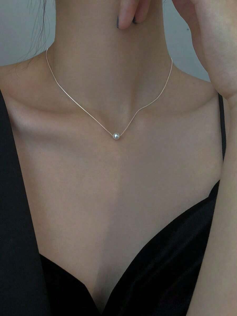 Necklace With Synthetic Pearl - Silver - View 1