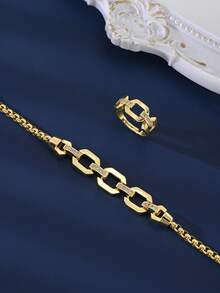5-Piece Set. European/American 18K Gold Plated Geometric Shape Connection Zirconia Jewelry Set. Suitable For Women's Fashionable Rings, Ladies' Chain Necklaces, Earrings, Bracelets, And Rings. Ideal For Daily Simple Wear As A Great Gift. - Yellow Gold - View 6