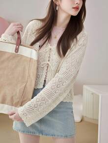 Women's Casual Elegant Solid Color Twist Hollow Ribbed Knit Cardigan Sweater, Spring/Summer - Beige - View 4