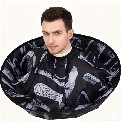 1pc Adjustable Hair Cutting Cape, Black Printed, Foldable Hair Cutting Hairdressing Gown, Suitable For Adults, Home Salon, Barbershop Use