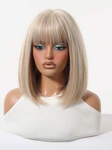 Linen Blond Stright Bob Wig With Bangs- 12inch Synthetic Wigs For Women Heat Resistant Cosplay Colourful Synthetic Hair Wig High Temperature Hair For Women Holiday Daily Fashion Style Synthetic Hair Wig For Halloween And Christmas - 亞麻金 - 查看 5
