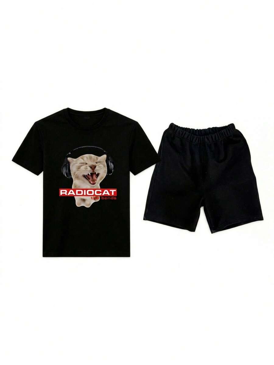 Conjunto masculino streetwear divertido de dos piezas con estampado gráfico de gato con audífonos y temática musical en algodón ajuste holgado cuello redondo manga corta primavera verano uso casual diario set - Negro 2 - Ver 1