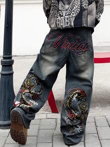 1 buc. Pantaloni largi brodați pentru bărbați, stil american, la modă stradală, stil american, blugi versatili, lejeri, casual, confortabili, pentru naveta, pentru toate anotimpurile (fără curea sau accesorii) - Dusty Blue - Vizualizare 4