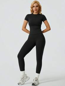 NcmRyu Women's Seamless Short Sleeved Long Pants Stretchable Waist Abdomen Control High Waist Training Fitness Equipment Collar Set Fitness Yoga Fitness Purple Buttock Lifting Outfit - 黑色 - 查看 2