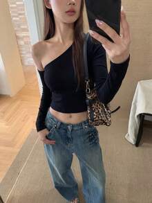 女士性感简约不对称肩部修身休闲长袖毛衣上衣，适合夏季穿着 - 黑色 - 查看 3