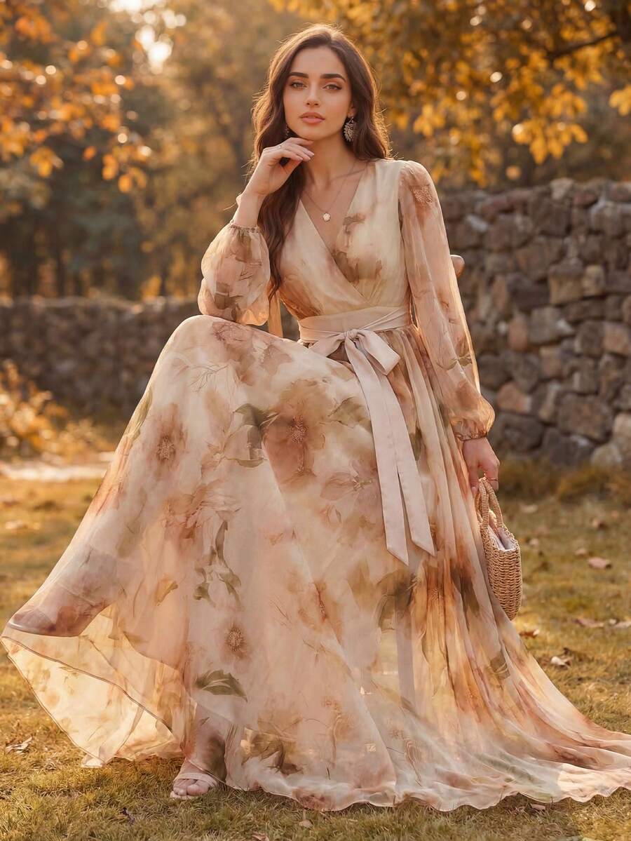 女士交叉V领随机印花连衣裙，配缎面腰带、灯笼袖，优雅长裙，面料柔软，适合度假、旅行和日常穿着，春季款 - 彩色 - 查看 1