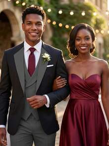 男士复古绅士三件套西装，现代修身翻领西装外套、马甲和西裤，适合婚礼、晚宴等正式场合（西装外套+马甲+西裤）（XS-3XL）燕尾服套装 - 灰色 - 查看 3