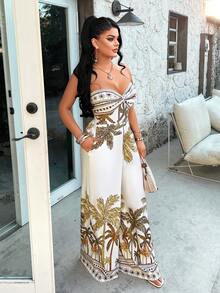 女士休闲优雅度假连体裤，无肩带露背设计，阔腿印花连体裤，适合海滩度假 - 白底棕花 - 查看 5