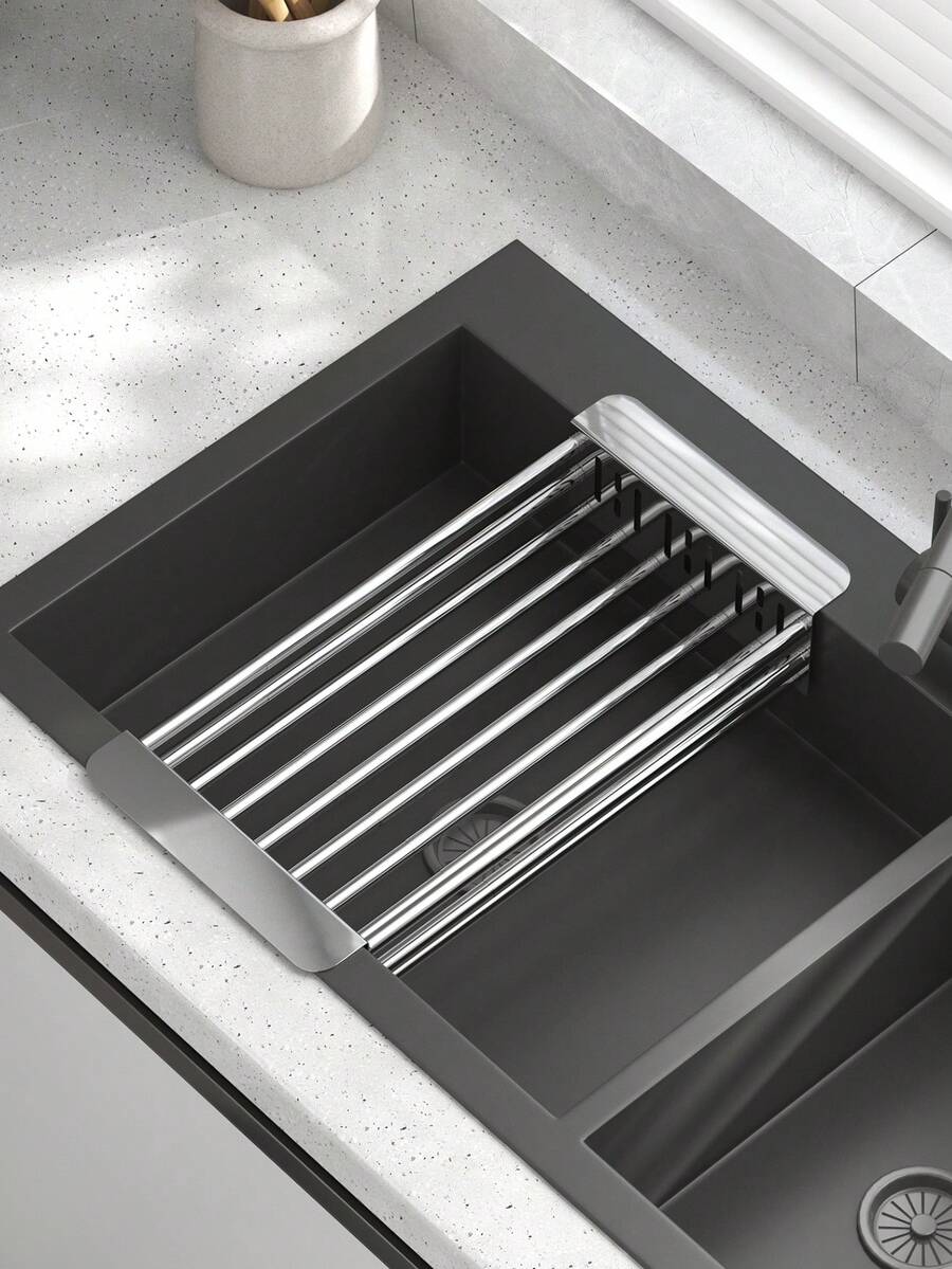 1 pieza Organizador de fregadero ajustable y extensible, rejilla de acero inoxidable para secar platos y utensilios, almacenamiento de vegetales y esponjas, rejilla de drenaje, rejilla para platos, estante de almacenamiento de cocina - Multicolor - Ver 1