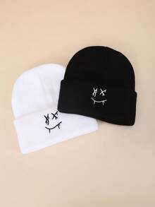 2pcs Embroidered Black & White Knit Beanie Hats, Warm - Multicolor - View 2