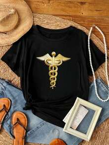 Camiseta de mujer con estampado NUEVO Y LIMITADO del símbolo médico tradicional del Caduceo de oro, de manga larga o corta - Negro - Ver 6