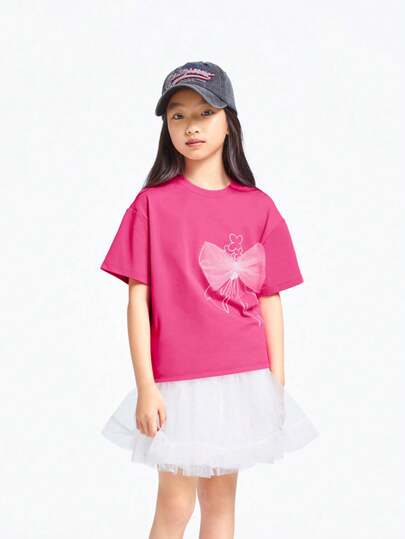 Annil Girls' Short-Sleeved T-Shirts, Knitted Sweaters For Middle And Older Children, Summer Style, Loose Fit, Skin-Friendly, Breathable Short-Sleeved Tops.