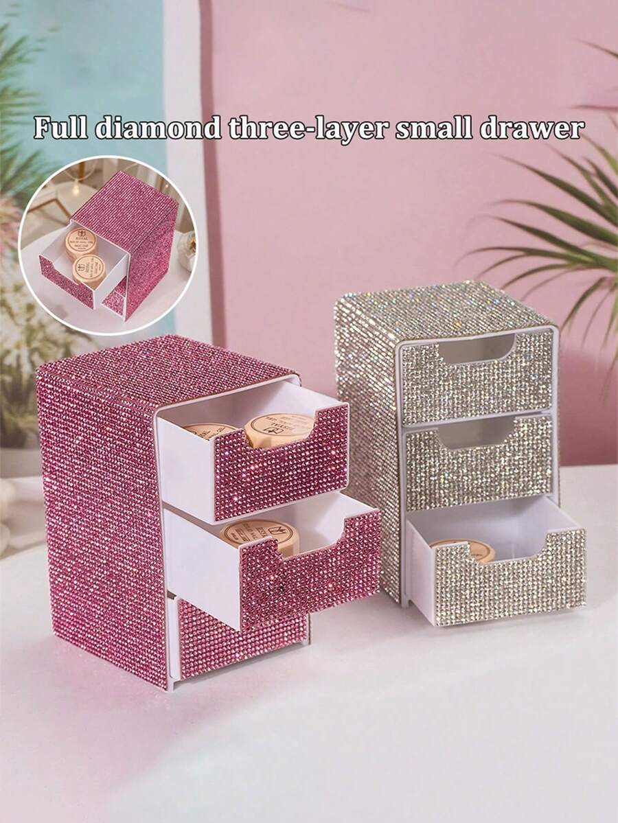 全镶钻三抽屉高端桌面收纳盒，珠宝化妆品收纳盒 - 彩色 - 查看 1