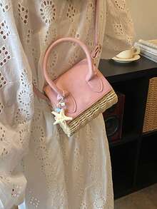 Straw Starfish Handbag, Cute Mini Crossbody Bag, Gentle Vacation Style Small Purse - Pink - View 3