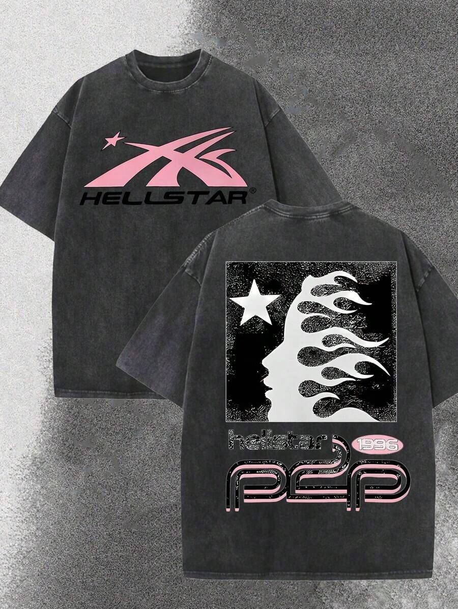 BOTANICBEAT 1PC Worn-Out Washed Men's Short-Sleeved Shirt, Featuring A Pink Meteor Flame Human Face Silhouette Pattern In Letters On A Double-Sided Print, Retro Casual Loose Men's T-Shirt, Comfortable And Versatile Men's Clothing Summer Tops Men Shirts - màu đen - Xem 1