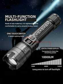 1 pieza Linterna LED súper brillante de alta potencia, recargable por USB, linterna táctica con pantalla LCD del nivel de batería, resistente al agua, con batería incorporada, para patrulla al aire libre, accesorios de camping de emergencia - Negro - Ver 2