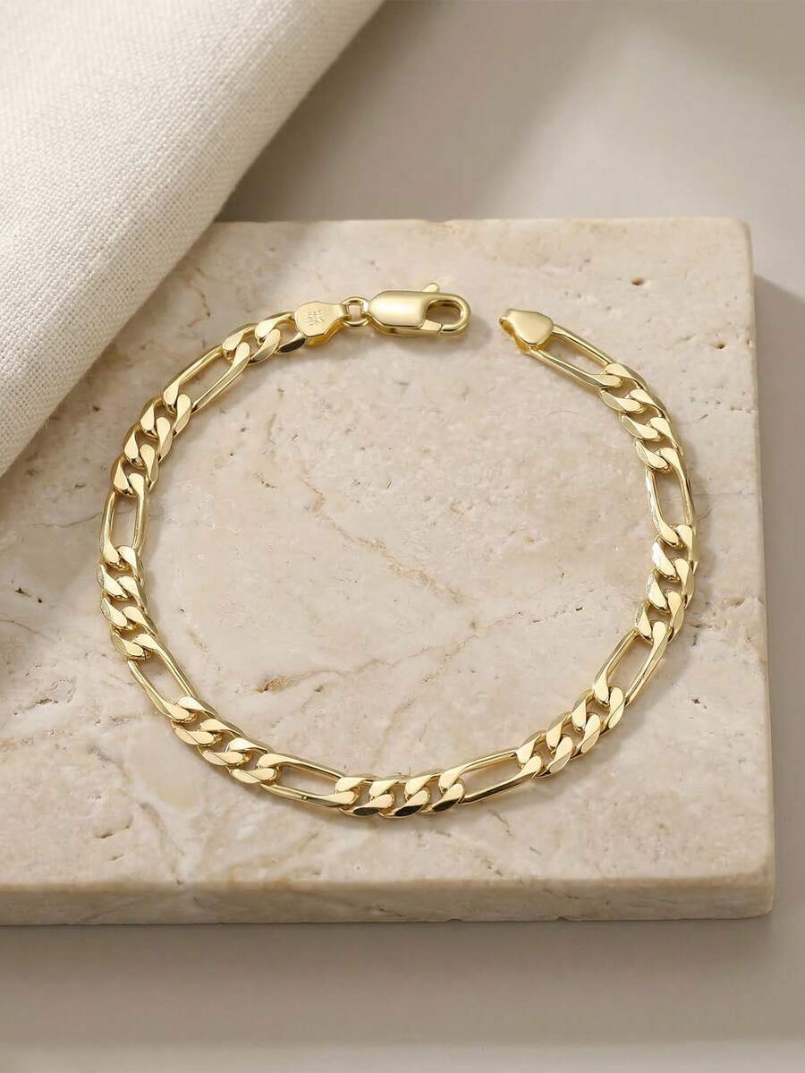 ORSA JEWELS 1 Piece 925 Sterling Silver 14k Gold, 18k Gold 5mm Figaro Chain Bracelet Basic Hand Chain Simple Jewelry For Women, Men Birthdays Celebration And Wedding Party Banquet Gift Low Allergy And Fade Resistant