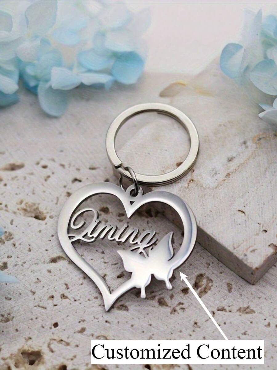 Personalized Heart-Shaped Butterfly Keychain - Customizable Name, Durable Stainless Steel Material, Unique Lasting Keyring, Nostalgic Souvenir, Elegant Accessory, Fashionable Charm, Polished Surface, High-Quality Metal Engraving - Multicolor - View 1