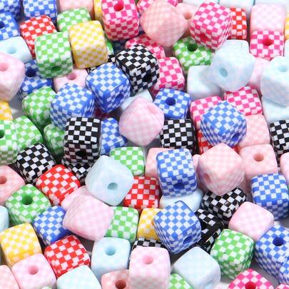 10 hạt acrylic vuông lỗ thẳng hình bàn cờ, 13mm, hạt vuông nhiều màu sắc hoạt hình dùng để làm đồ trang sức thủ công DIY, mặt dây chuyền điện thoại, vòng tay, vòng cổ, móc khóa.